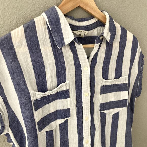 Lucky Brand Split Back Tie Knot Chunky Striped Blouse - Blue White - Medium - Picture 6 of 7